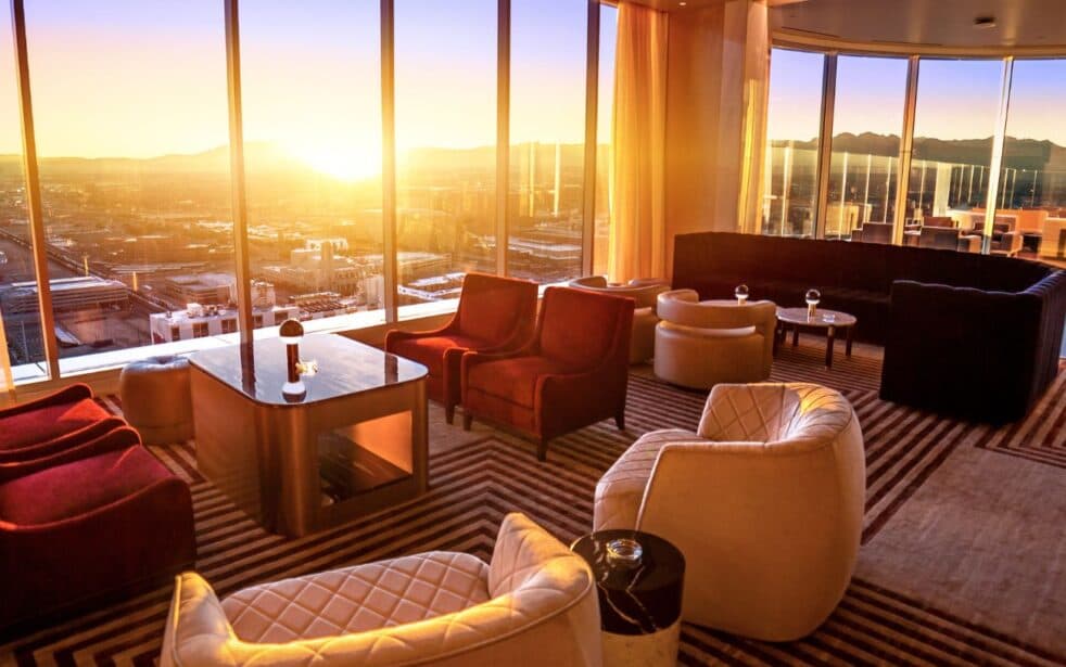 Legacy Club interior lounge at sunset